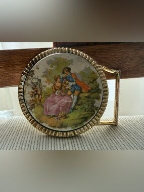 Rare Vintage Victorian SceneDecorative gold tone  ceramic oversize belt buckle